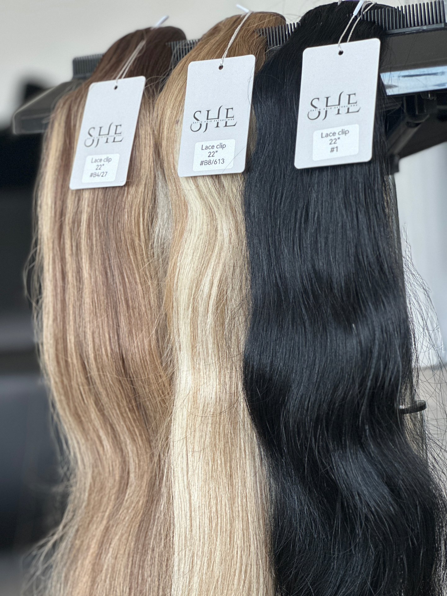 SHE Satin Hair Extensions lace clip-ins in multiple shades